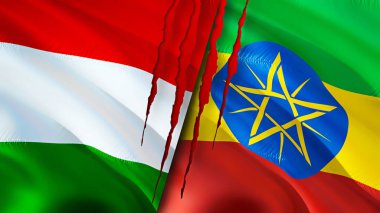 Yara izi olan Macaristan ve Etiyopya bayrakları. Dalgalanan bayrak, 3 boyutlu görüntüleme. Macaristan ve Etiyopya çatışma konsepti. Macaristan Etiyopya ilişkileri kavramı. Macaristan bayrağı ve Etiyopya krizi, savaş, attac