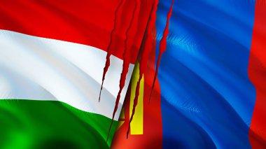 Yara izi olan Macaristan ve Moğolistan bayrakları. Dalgalanan bayrak, 3 boyutlu görüntüleme. Macaristan ve Moğolistan çatışma konsepti. Macaristan Moğolistan ilişkileri kavramı. Macaristan ve Moğolistan bayrağı krizi, savaş, attac