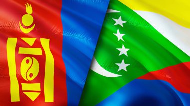 Moğolistan ve Komoros bayrakları. 3 boyutlu dalgalanan bayrak tasarımı. Moğolistan komorosu bayrağı, resim, duvar kağıdı. Moğolistan, Comoros 'a karşı, görüntü 3 boyutlu. Moğolistan Komoros ilişkileri ittifak ve ticaret, seyahat, turnuva