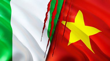 Nijerya ve Vietnam bayrakları yara izi konseptiyle. Dalgalanan bayrak, 3 boyutlu görüntüleme. Nijerya ve Vietnam çatışma konsepti. Nijerya Vietnam ilişkileri kavramı. Nijerya bayrağı ve Vietnam krizi, savaş, saldırı konsepti