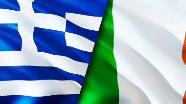 Yunanistan ve İrlanda bayrakları. 3 boyutlu dalgalanan bayrak tasarımı. Yunanistan İrlanda bayrağı, resim, duvar kağıdı. Yunanistan, İrlanda imajına karşı, 3D görüntüleme. Yunanistan İrlanda ilişkileri ittifak ve ticaret, seyahat ve turizm konsepti