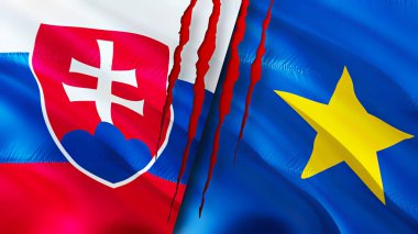 Slovakya ve DR Kongo bayraklarında yara izi var. Dalgalanan bayrak, 3 boyutlu görüntüleme. Slovakya ve DR Kongo çatışma konsepti. Slovakya DR Kongo ilişkileri kavramı. Slovakya ve DR Kongo bayrağı krizi, savaş, attac