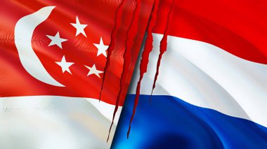Singapur ve Hollanda yara izi konseptli bayraklar. Dalgalanan bayrak, 3 boyutlu görüntüleme. Singapur ve Hollanda çatışma konsepti. Singapur Hollanda ilişkileri kavramı. Singapur ve Hollanda bayrağı