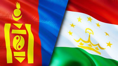 Moğolistan ve Tacikistan bayrakları. 3 boyutlu dalgalanan bayrak tasarımı. Moğolistan Tacikistan bayrağı, resim, duvar kağıdı. Moğolistan Tacikistan 'a karşı, görüntü 3 boyutlu. Moğolistan Tacikistan ilişkileri