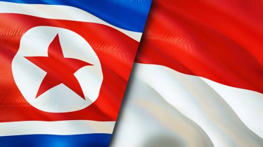 Kuzey Kore ve Endonezya bayrakları. 3 boyutlu dalgalanan bayrak tasarımı. Kuzey Kore Endonezya bayrağı, resim, duvar kağıdı. Kuzey Kore, Endonezya 'ya karşı, görüntü 3 boyutlu. Kuzey Kore Endonezya ilişkileri