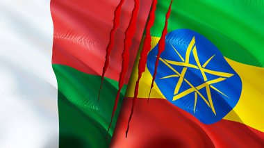 Madagaskar ve Etiyopya bayrakları yara izi konseptiyle. Dalgalanan bayrak, 3 boyutlu görüntüleme. Madagaskar ve Etiyopya çatışma konsepti. Madagaskar Etiyopya ilişkileri kavramı. Madagaskar ve Etiyopya bayrağı