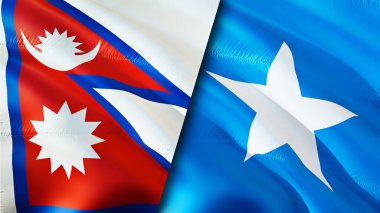 Nepal ve Somali bayrakları. 3 boyutlu dalgalanan bayrak tasarımı. Nepal Somali bayrağı, resim, duvar kağıdı. Nepal vs Somali görüntüsü, 3D görüntüleme. Nepal Somali ilişkileri ittifak ve ticaret, seyahat, turizm konsepti