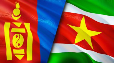 Moğolistan ve Surinam bayrakları. 3 boyutlu dalgalanan bayrak tasarımı. Moğolistan Surinam bayrağı, resim, duvar kağıdı. Moğolistan Surinam 'a karşı, görüntü 3 boyutlu. Moğolistan Surinam ilişkileri ittifak ve ticaret, seyahat, turnuva