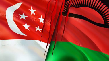 Yara izi olan Singapur ve Malawi bayrakları. Dalgalanan bayrak, 3 boyutlu görüntüleme. Singapur ve Malawi çatışma konsepti. Singapur Malavi ilişkileri kavramı. Singapur bayrağı ve Malavi krizi, savaş, attac