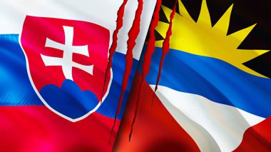 Slovakya, Antigua ve yara izi olan Barbuda bayrakları. Dalgalanan bayrak, 3 boyutlu görüntüleme. Slovakya, Antigua ve Barbuda çatışma konsepti. Slovakya Antigua ve Barbuda ilişkileri kavramı. bayrak o
