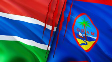 Gambiya ve Guam bayrakları ve yara izi konsepti. Dalgalanan bayrak, 3 boyutlu görüntüleme. Gambiya ve Guam çatışma konsepti. Gambiya Guam ilişkileri kavramı. Gambiya ve Guam bayrağı krizi, savaş, saldırı konsepti