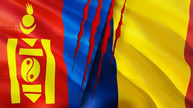 Yara izi olan Moğolistan ve Çad bayrakları. Dalgalanan bayrak, 3 boyutlu görüntüleme. Moğolistan ve Çad çatışma konsepti. Moğolistan Çad ilişkileri. Moğolistan bayrağı ve Çad krizi, savaş, saldırı konsepti