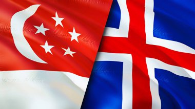 Singapur ve İzlanda bayrakları. 3 boyutlu dalgalanan bayrak tasarımı. Singapur İzlanda bayrağı, resim, duvar kağıdı. Singapur İzlanda 'ya karşı, görüntü 3 boyutlu. Singapur İzlanda ilişkileri ittifak ve ticaret, seyahat, turnuva