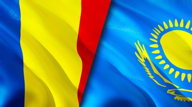 Romanya ve Kazakistan bayrakları. 3 boyutlu dalgalanan bayrak tasarımı. Romanya Kazakistan bayrağı, resmi, duvar kağıdı. Romanya Kazakistan 'a karşı, görüntü 3 boyutlu. Romanya Kazakistan ilişkileri bir ittifak