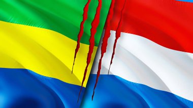 Gabon ve Lüksemburg bayrakları ve yara izi konsepti. Dalgalanan bayrak, 3 boyutlu görüntüleme. Gabon ve Lüksemburg çatışma konsepti. Gabon Lüksemburg ilişkileri kavramı. Gabon ve Lüksemburg bayrağı krizi, savaş, attac