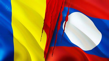 Romanya ve Laos yara izi kavramına sahip bayraklar. Dalgalanan bayrak, 3 boyutlu görüntüleme. Romanya ve Laos çatışma konsepti. Romanya Laos ilişkileri kavramı. Romanya bayrağı ve Laos krizi, savaş, saldırı konsepti