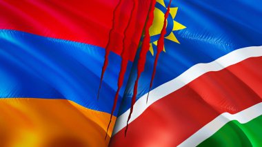 Yara izi olan Ermenistan ve Namibya bayrakları. Dalgalanan bayrak, 3 boyutlu görüntüleme. Ermenistan ve Namibya çatışma konsepti. Ermenistan Namibya ilişkileri kavramı. Ermenistan bayrağı ve Namibya krizi, savaş, saldırı konsepti