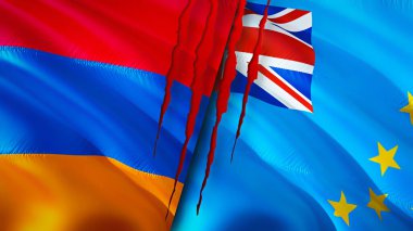 Yara izi olan Ermenistan ve Tuvalu bayrakları. Dalgalanan bayrak, 3 boyutlu görüntüleme. Ermenistan ve Tuvalu çatışma konsepti. Ermenistan Tuvalu ilişkileri kavramı. Ermenistan bayrağı ve Tuvalu krizi, savaş, saldırı konsepti