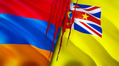 Ermenistan ve YYYYYYYYYYY bayraklarında yara izi var. Dalgalanan bayrak, 3 boyutlu görüntüleme. Ermenistan ve YYYYYYYYYY çatışma konsepti. Ermenistan YYYYYYYYYY ilişkileri kavramı. Ermenistan bayrağı