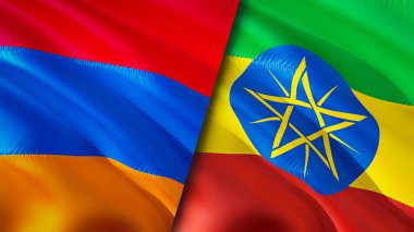 Ermenistan ve Etiyopya bayrakları. 3 boyutlu dalgalanan bayrak tasarımı. Ermenistan Etiyopya bayrağı, resim, duvar kağıdı. Ermenistan, Etiyopya imajına karşı, 3 boyutlu canlandırma. Ermenistan Etiyopya ilişkileri ittifak ve