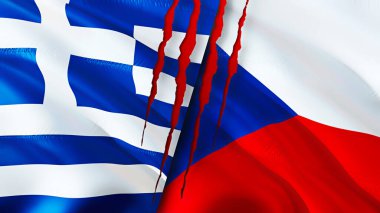 Yara izi olan Yunanistan ve Çek bayrakları. Dalgalanan bayrak, 3 boyutlu görüntüleme. Yunanistan ve Çek çatışma konsepti. Yunanistan Çek İlişkileri kavramı. Yunanistan bayrağı ve Çek krizi, savaş, saldırı konsepti
