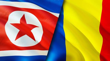 Kuzey Kore ve Romanya bayrakları. 3 boyutlu dalgalanan bayrak tasarımı. Kuzey Kore Romanya bayrağı, resim, duvar kağıdı. Kuzey Kore, Romanya 'ya karşı imaj, 3D görüntüleme. Kuzey Kore Romanya ilişkileri bir ittifak