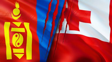 Yara izi olan Moğolistan ve Tonga bayrakları. Dalgalanan bayrak, 3 boyutlu görüntüleme. Moğolistan ve Tonga çatışma konsepti. Moğolistan Tonga ilişkileri kavramı. Moğolistan bayrağı ve Tonga krizi, savaş, saldırı konsepti