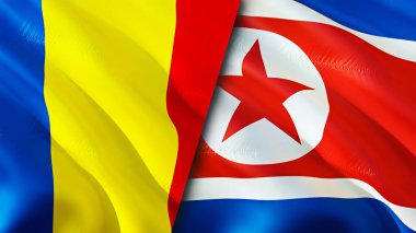 Romanya ve Kuzey Kore bayrakları. 3 boyutlu dalgalanan bayrak tasarımı. Romanya Kuzey Kore bayrağı, resim, duvar kağıdı. Romanya, Kuzey Kore 'ye karşı, görüntü 3D. Romanya Kuzey Kore ilişkileri ittifakı