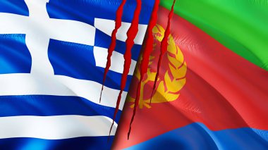Yunanistan ve Eritre yara izi kavramına sahip bayraklar. Dalgalanan bayrak, 3 boyutlu görüntüleme. Yunanistan ve Eritre çatışma konsepti. Yunanistan Eritre ilişkileri kavramı. Yunanistan bayrağı ve Eritre krizi, savaş, saldırı konsepti