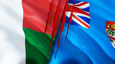 Madagaskar ve Fiji bayrakları yara izi konseptiyle. Dalgalanan bayrak, 3 boyutlu görüntüleme. Madagaskar ve Fiji çatışma konsepti. Madagaskar Fiji ilişkileri kavramı. Madagaskar bayrağı ve Fiji krizi, savaş, saldırı konsepti