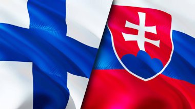 Finlandiya ve Slovakya bayrakları. 3 boyutlu dalgalanan bayrak tasarımı. Finlandiya Slovakya bayrağı, resim, duvar kağıdı. Finlandiya, Slovakya 'ya karşı, görüntü 3 boyutlu. Finlandiya Slovakya ilişkileri ittifak ve ticaret, seyahat, turnuva