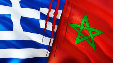 Yunanistan ve Fas yara izi kavramına sahip bayraklar. Dalgalanan bayrak, 3 boyutlu görüntüleme. Yunanistan ve Fas çatışması konsepti. Yunanistan Fas ilişkileri kavramı. Yunanistan bayrağı ve Fas krizi, savaş, saldırı konsepti
