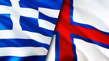 Yunanistan ve Faroe Adaları bayrakları. 3 boyutlu dalgalanan bayrak tasarımı. Yunanistan Faroe Adaları bayrağı, resmi, duvar kağıdı. Yunanistan, Faroe Adaları 'na karşı, görüntü 3D. Yunanistan Faroe Adaları ilişkileri ittifakı