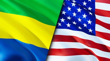 Gabon ve Birleşik Devletler bayrakları. 3 boyutlu dalgalanan bayrak tasarımı. Gabon Birleşik Devletler bayrağı, resim, duvar kağıdı. Gabon, Birleşik Devletler imajına karşı, 3 boyutlu canlandırma. Gabon Birleşik Devletler ilişkileri ittifakı