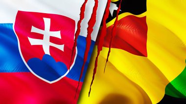 Slovakya ve Nevis Adası bayraklarında yara izi var. Dalgalanan bayrak, 3 boyutlu görüntüleme. Slovakya ve Nevis Adası çatışma konsepti. Slovakya Nevis Adası ilişkileri kavramı. Slovakya ve Nevis Adası bayrağı