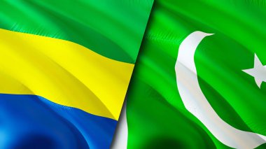 Gabon ve Pakistan bayrakları. 3 boyutlu dalgalanan bayrak tasarımı. Gabon Pakistan bayrağı, resim, duvar kağıdı. Gabon Pakistan 'a karşı, görüntü 3 boyutlu. Gabon Pakistan ilişkileri ittifak ve ticaret, seyahat, turizm konsepti