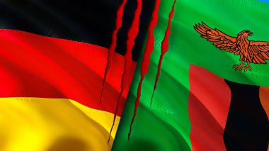 Yara izi olan Almanya ve Zambiya bayrakları. Dalgalanan bayrak, 3 boyutlu görüntüleme. Almanya ve Zambiya çatışma konsepti. Almanya Zambiya ilişkileri kavramı. Almanya bayrağı ve Zambiya krizi, savaş, saldırı konsepti