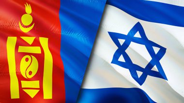 Moğolistan ve İsrail bayrakları. 3 boyutlu dalgalanan bayrak tasarımı. Moğolistan İsrail bayrağı, resim, duvar kağıdı. Moğolistan İsrail imajına karşı, 3 boyutlu canlandırma. Moğolistan İsrail ilişkileri ittifak ve ticaret, seyahat, turizm konsepti