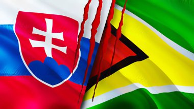 Slovakya ve Guyana yara izi olan bayraklar. Dalgalanan bayrak, 3 boyutlu görüntüleme. Slovakya ve Guyana çatışma konsepti. Slovakya Guyana ilişkileri kavramı. Slovakya ve Guyana bayrağı krizi, savaş, saldırı konsepti