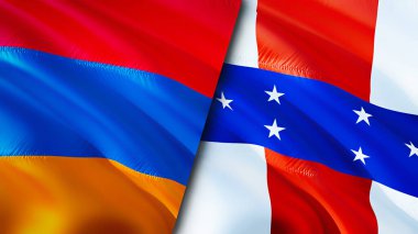 Ermenistan ve Hollanda Antilleri bayrakları. 3 boyutlu dalgalanan bayrak tasarımı. Ermenistan Hollanda Antilleri bayrağı, resim, duvar kağıdı. Ermenistan, Hollanda Antilleri 'ne karşı, görüntü 3D. Ermenistan Hollanda