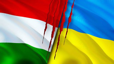 Yara izi olan Macaristan ve Ukrayna bayrakları. Dalgalanan bayrak, 3 boyutlu görüntüleme. Macaristan ve Ukrayna çatışma konsepti. Macaristan Ukrayna ilişkileri kavramı. Macaristan ve Ukrayna bayrağı krizi, savaş, saldırı konsepti