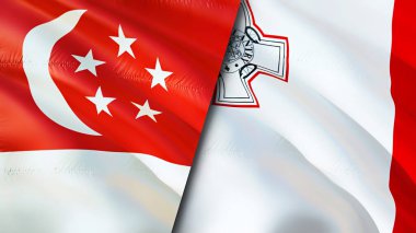 Singapur ve Malta bayrakları. 3 boyutlu dalgalanan bayrak tasarımı. Singapur Malta bayrağı, resim, duvar kağıdı. Singapur, Malta 'ya karşı, görüntü 3 boyutlu. Singapur Malta ilişkileri ittifak ve ticaret, seyahat, turizm konsepti