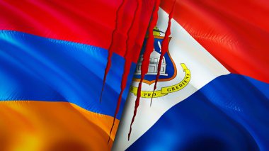 Yara izi olan Ermenistan ve Sint Maarten bayrakları. Dalgalanan bayrak, 3 boyutlu görüntüleme. Ermenistan ve Sint Maarten çatışma konsepti. Ermenistan Sint Maarten ilişkileri konsepti. Ermenistan bayrağı ve Sint Maarte