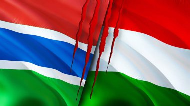 Gambiya ve Macaristan bayraklarında yara izi var. Dalgalanan bayrak, 3 boyutlu görüntüleme. Gambiya ve Macaristan çatışma konsepti. Gambiya Macaristan ilişkileri kavramı. Gambiya ve Macaristan bayrağı kriz, savaş, saldırı konsepti