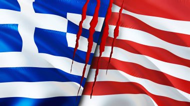 Yunanistan ve Liberya yara izi kavramına sahip bayraklar. Dalgalanan bayrak, 3 boyutlu görüntüleme. Yunanistan ve Liberya çatışma konsepti. Yunanistan Liberya ilişkileri kavramı. Yunanistan bayrağı ve Liberya krizi, savaş, saldırı konsepti
