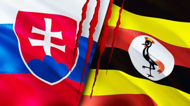 Slovakya ve yara izi olan Uganda bayrakları. Dalgalanan bayrak, 3 boyutlu görüntüleme. Slovakya ve Uganda çatışma konsepti. Slovakya Uganda ilişkileri kavramı. Slovakya bayrağı ve Uganda krizi, savaş, saldırı konsepti
