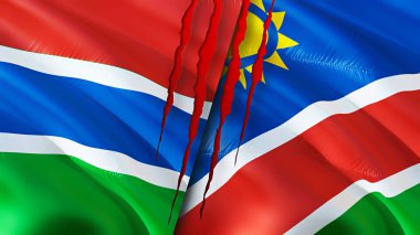 Gambiya ve Namibya bayraklarında yara izi var. Dalgalanan bayrak, 3 boyutlu görüntüleme. Gambiya ve Namibya çatışma konsepti. Gambiya Namibya ilişkileri kavramı. Gambiya bayrağı ve Namibya krizi, savaş, saldırı konsepti