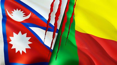 Yara izi olan Nepal ve Benin bayrakları. Dalgalanan bayrak, 3 boyutlu görüntüleme. Nepal ve Benin çatışma konsepti. Nepal Benin ilişkileri kavramı. Nepal ve Benin bayrağı kriz, savaş, saldırı konsepti