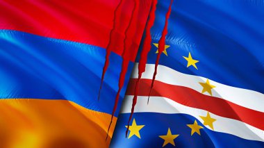 Yara izi olan Ermenistan ve Cape Verde bayrakları. Dalgalanan bayrak, 3 boyutlu görüntüleme. Ermenistan ve Cape Verde çatışma konsepti. Ermenistan Burnu Verde ilişkileri kavramı. Ermenistan ve Cape Verde bayrağı