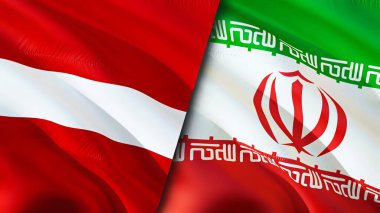 Letonya ve İran bayrakları. 3 boyutlu dalgalanan bayrak tasarımı. Letonya İran bayrağı, resim, duvar kağıdı. Letonya, İran 'a karşı imajı, 3 boyutlu görüntüleme. Letonya İran ilişkileri ittifak ve ticaret, seyahat, turizm konsepti